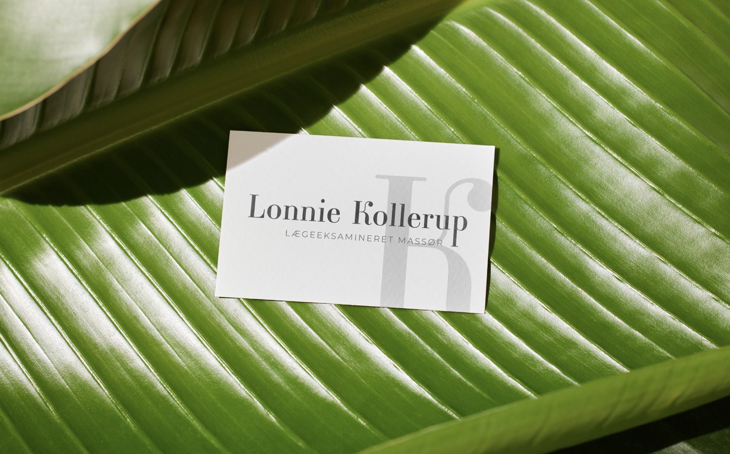 Billedet viser Lonnie Kollerups visitkort, som ligger på et palmeblad