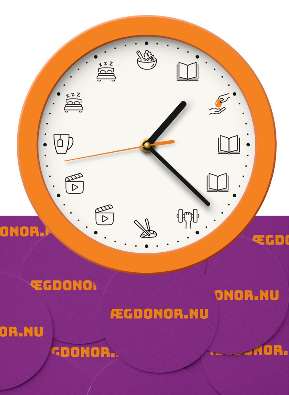 orange ur med forskellige illustrationer som viser en hverdag