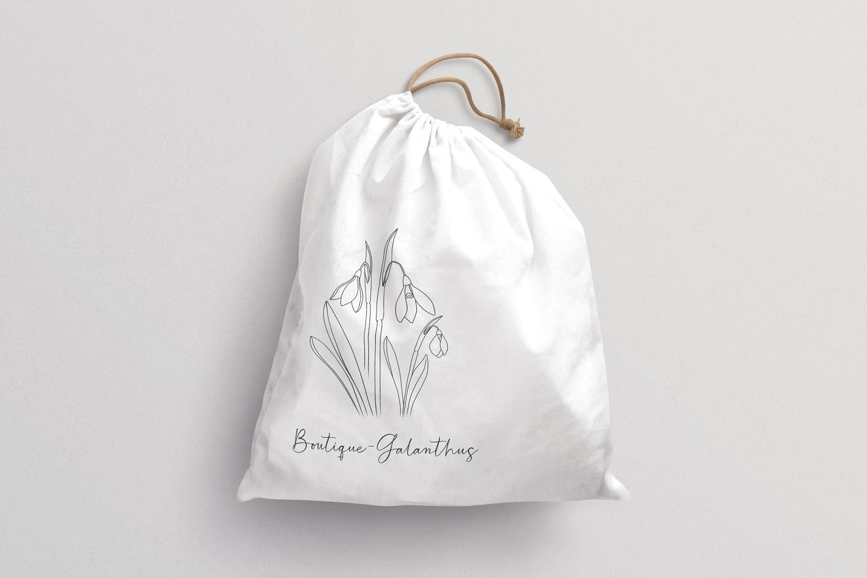 Boutique-Galanthus logo vist på en stofpose