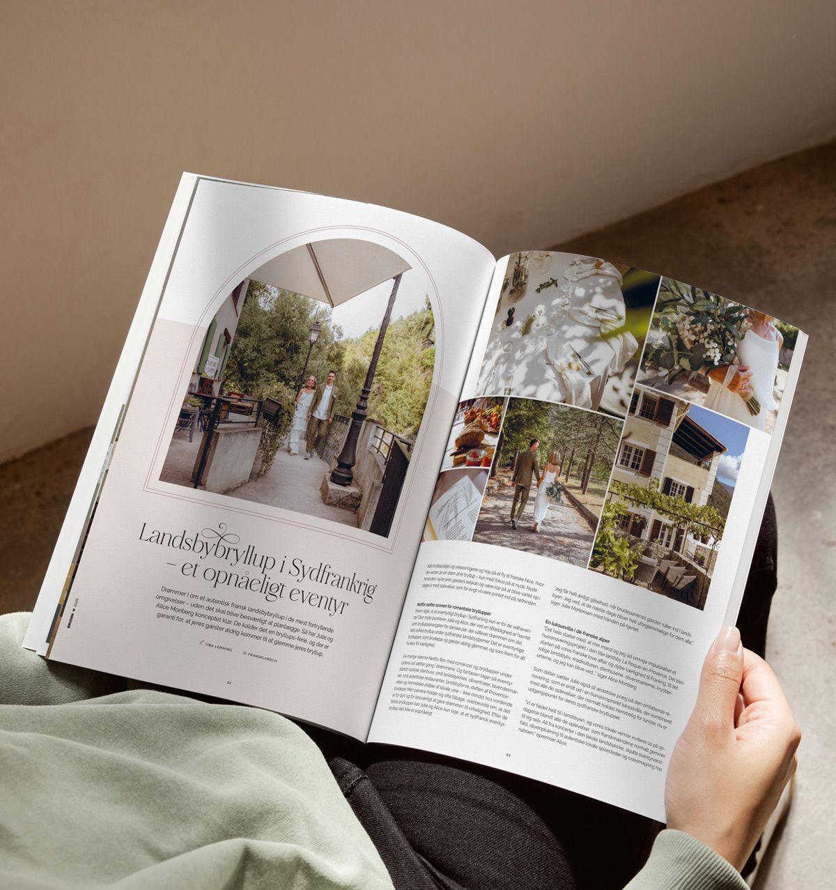 Person læser et magasin med billeder og tekst om et landshøvdingehus i Södermalm.