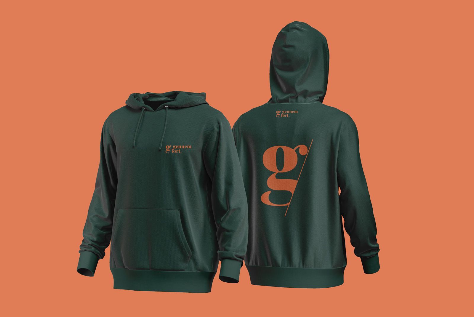 hoodie med gennemførts logo på på orange baggrund