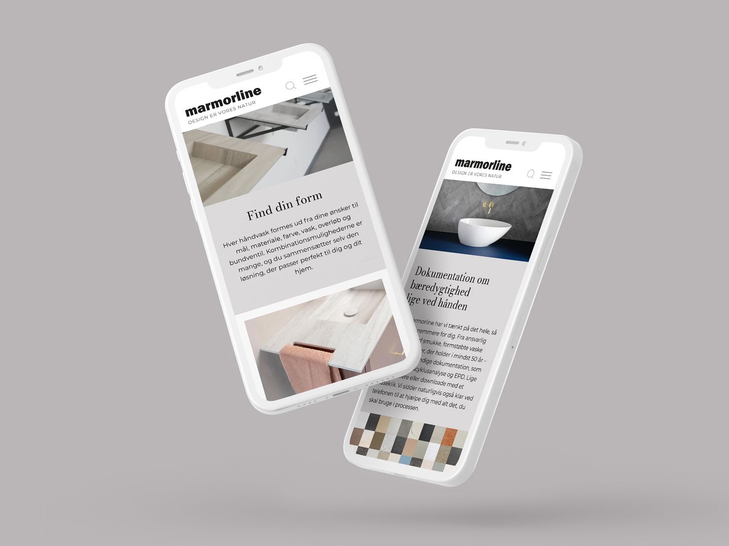 Billedet viser to mobiltelefoner med indhold fra marmorline.dk