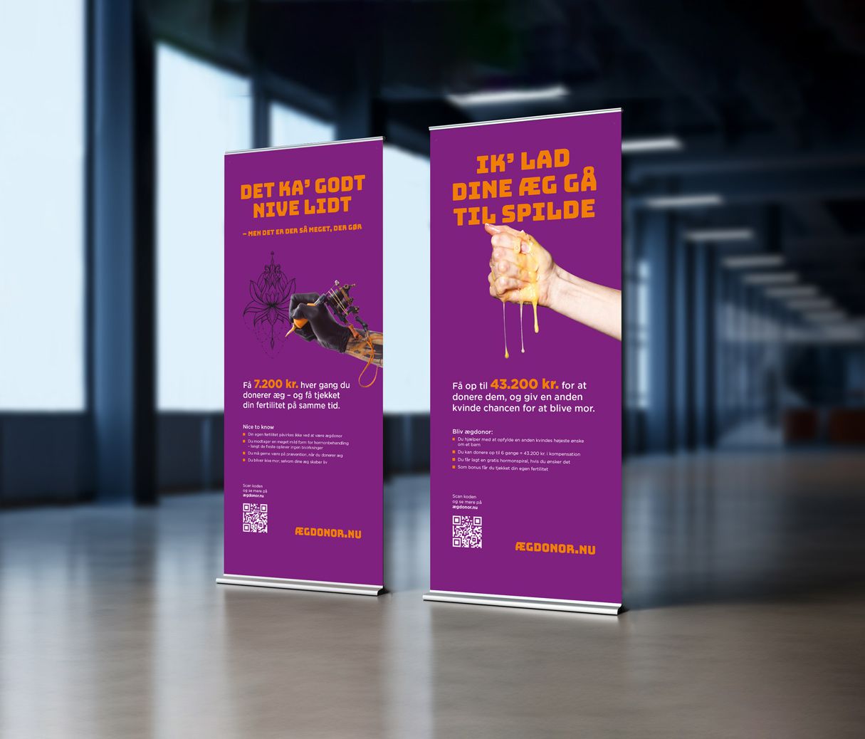 Billedet viser 2 rollups med kampagner for ægdonor.nu