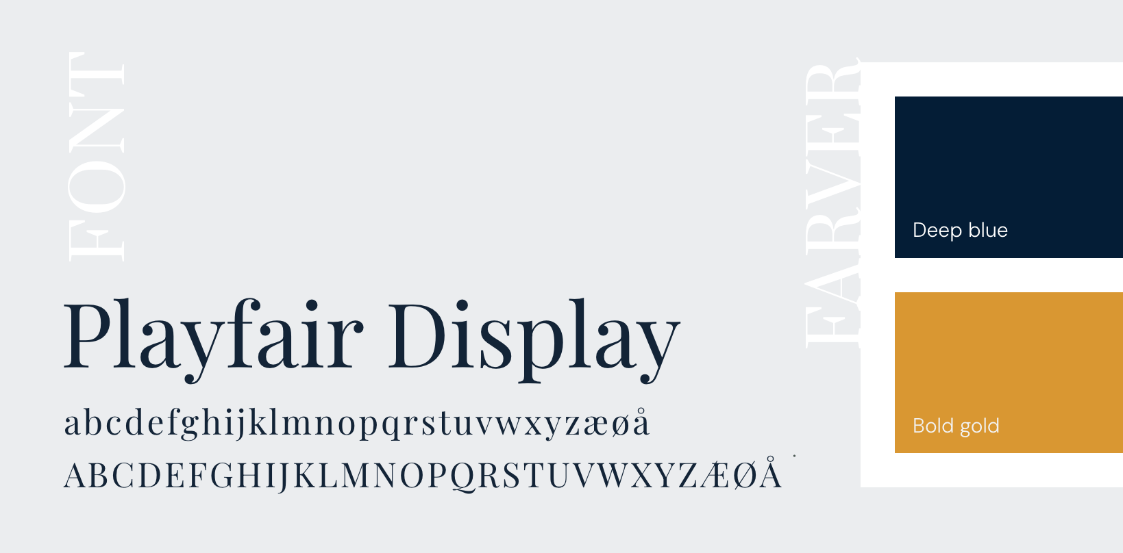 Billede af tekst der fortæller om fonten playfair display og farverne blå og guld